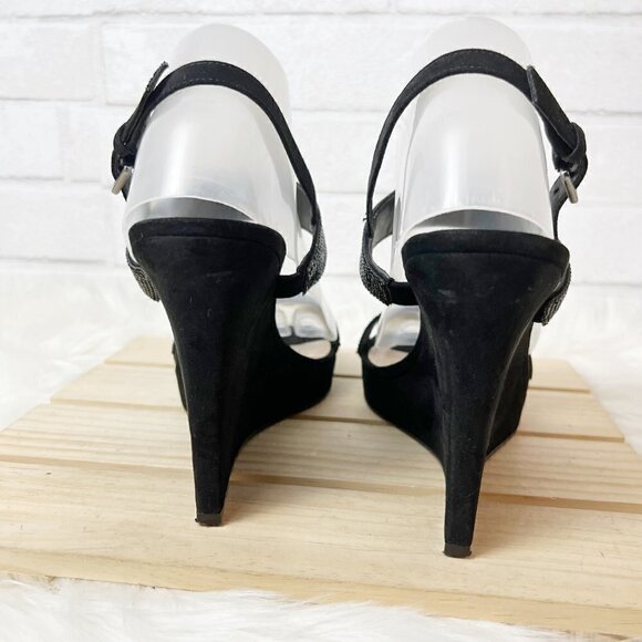 Nina Adila Black Wedge Rhinestone Slingback Open Toe Sandal Women's Size 9M - Picture 5 of 9